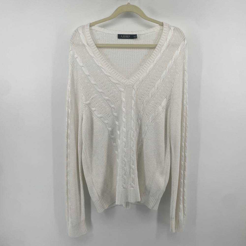 Lauren Ralph Lauren Sweater Womens XXL White Cable Knit V-Neck Long Sleeve Top